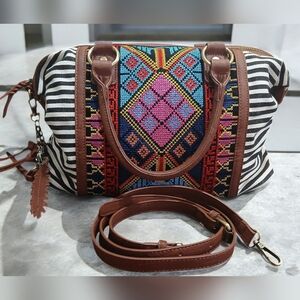 MMS Striped Aztec Boho Colorful Print Satchel Crossbody Purse Bag Beach